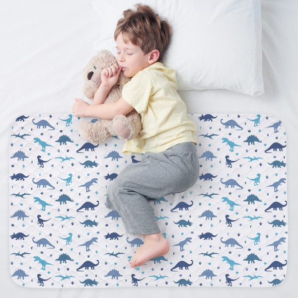 WOVENX Organic Incontinence Pads for Kids & Toddlers - 5 Layer Waterproof Protectors for Overnight Bed Wetting - Reusable & Washable Pee Pads - Fits Twin to Full Size Beds - 34" x 52" Blue Dinosaurs