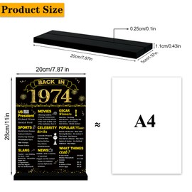 DARUNAXY Black Gold 50th Birthday Gift for Men, Large Back in 1974 Poster Acrylic Table Sign with Stand for Women 50 Years Old Party Decoration Vintage 1974 Party Supply 50th Class Reunion Decor