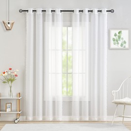 Treatmentex Boho Curtains with Pompoms, Eyelets, 140 cm Wide, Transparent Curtains with Tassels, Voile Eyelet Curtain, Decorative Curtain for Living Room, Bedroom, 2 Pieces (140 x 225 cm, White)