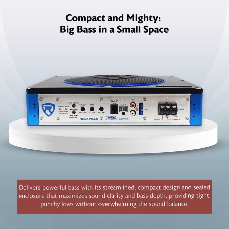 Rockville RW8CA 600W Low Profile Under-Seat Active Car Subwoofer, 2