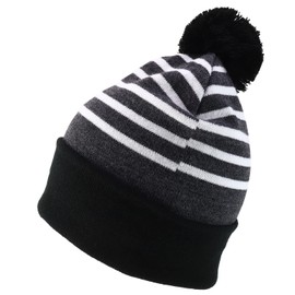 Trendy Apparel Shop Made in USA Split Stripes Pattern Pom Pom Long Cuff Beanie - Black White