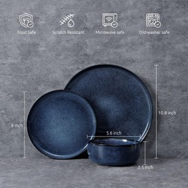 E-far 18-Piece Plates and Bowls Set, Dinnerware Sets for 6, Reactive Glaze Stoneware Dishes Dinning Ware, Microwave & Dishwasher Safe - Deep Sea Blue
