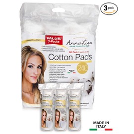 AnnaLisa 100% Pure Combed Cotton Rounds 3 Packs of 80 Hypoallergenic & Absorbing Cotton Pads for Face/Makeup/Nail Polish Removal |240-Piece Italian Round Facial Cleansing|