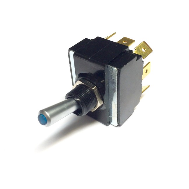Toggle Switch (ON) / Off / (ON), DPDT, Lighted Momentary Switch with a Blue Lens