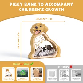 Wooden Dog Piggy Banks for Kids, Golden Retriever Unbreakable Coin Bank for Kids with Letter Sticker, Wooden Cashbox Money Jar Personalizable, Educatinal Toy for Boys, Girls