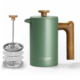 POLIVIAR French Press Coffee Maker, 21 oz Coffee Press with Real Wood Handle, Double Wall Insulation & Dual-Filter Screen, Food Grade Stainless Steel for Good Coffe and Tea, JX2024-SFPN