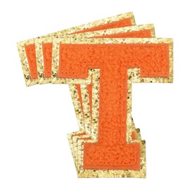 MECCANIXITY 3Pcs Chenille Letters Patches Large Size 2.76"x3.27" Iron-on Letters T Golden Glitter Embroidered Patches for Clothing, Shoes, Hats, Backpacks (Orange)