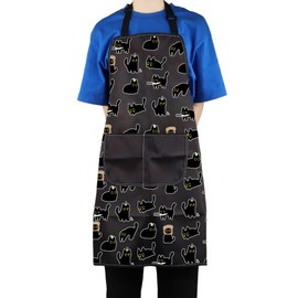 AKTAP Cute Black Cat Kitchen Apron with Pockets Modern Animal Kittens Cooking Baking Adjustable Apron for Cat Lover Cat Mama (Cat Aprons)