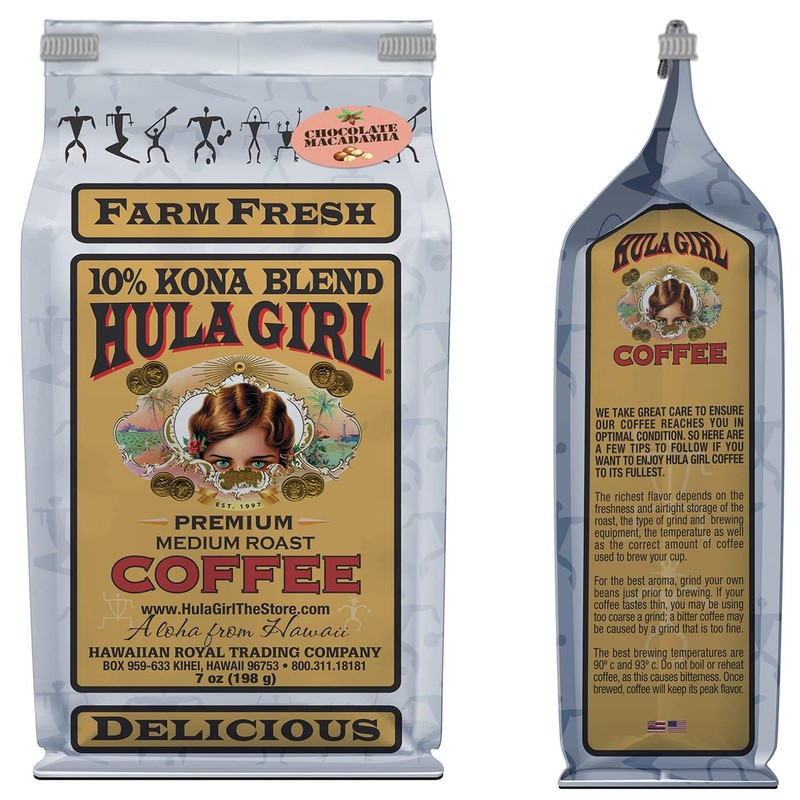 Hula Girl 10% Hawaiian Kona Coffee Blend Chocolate Mac Nut,