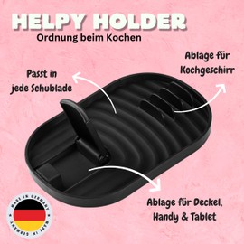 H E L P Y Holder – High Quality Cookware Tray Cooking Rack Space-Saving Cooking Spoon Rest – Cookbook Holder – Utensil Holder and Top Lid Shelf