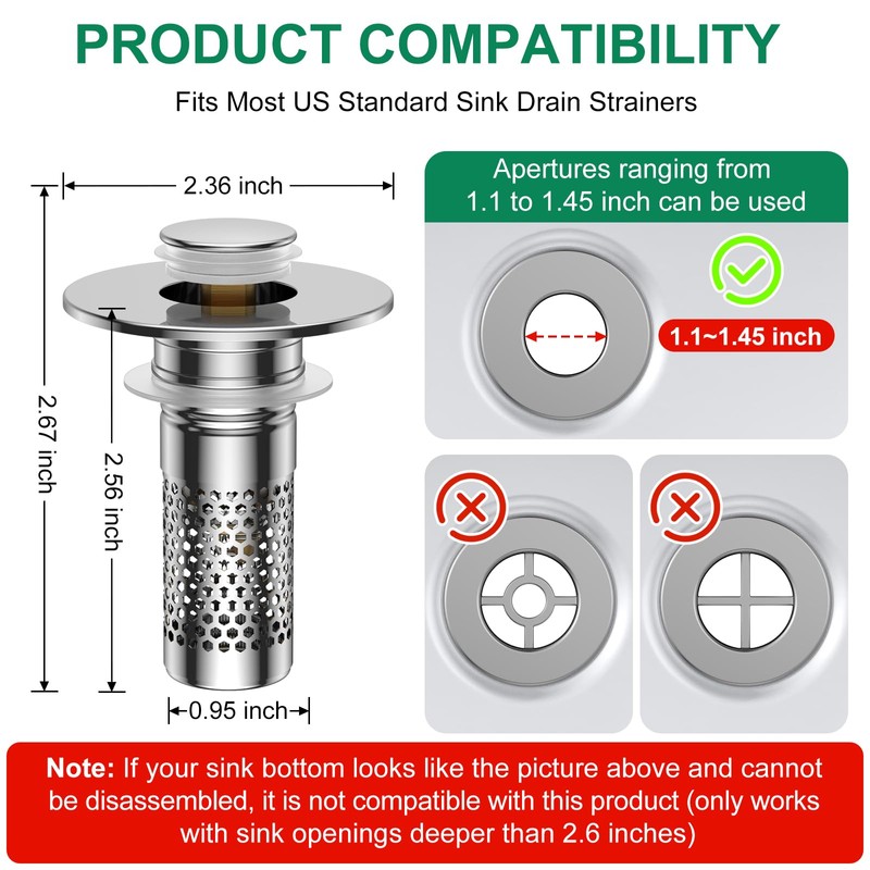 ​Bathroom Sink Drain Strainer,Universal Pop-Up Sink Stopper Hair Catcher, Anti-Clog