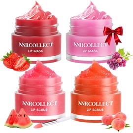 ANRCOLLECT Exfoliante Y Mascarilla Labial - Kit De Cuidado Labial De Tratamiento Nocturno Con 2 Exfoliantes Labiales Y 2 Bálsamos Labiales Nocturnos, Set De Hidratación Intensa Para Labios Secos, Agri