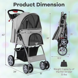 Giantex Folding Dog Stroller, Pet Stroller for Small Medium Dogs Cats Puppy, 4 Lockable Wheels Cat Stroller Travel Carrier Strolling Cart, Safety Belt, Removable Liner and Storage Basket (Light Gray)