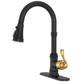 BWE Black Kitchen Faucet with Pull Down Sprayer and Gold Single Handle High Arc 3 Spray Modes Commercial Kitchen Sink Faucet Solid Brass with 10" Deck Plate for Kitchen Sink 1 or 3 Holes