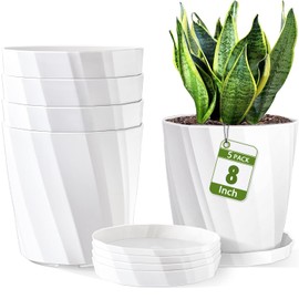 8 Inch Plastic Flower Pots Set 5 Pack with Drainage Holes and Saucers, Tray. Large Planters for Indoor Plants, House, Outdoor Plants, Orchid. Unique Decorative Planting Pots, White