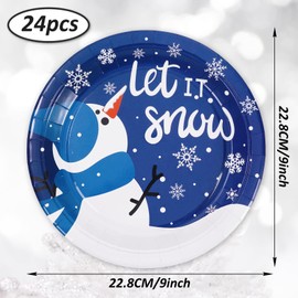 Whaline Christmas Paper Plates Snowman Snowflake Round Disposable Plates 9 Inch White Blue Winter Decorative Tableware for Christmas Winter Holiday Dinner Birthday Party Supplies, 24Pcs