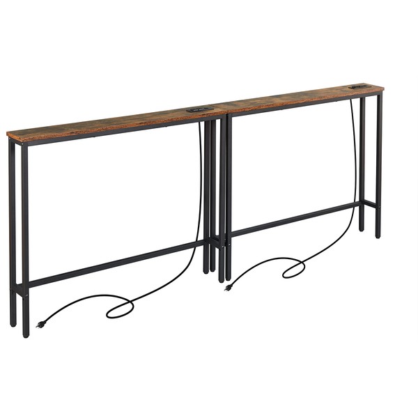 ELYKEN 2 Pack 5.9" Narrow Console Sofa Table with Power Outlets, 5.9" D x 39.4" W x 31.1" H Long Couch Table with Metal Frame and Charge Station with 6.5’ Extension Cord, Rustic Brown