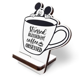 Coffee Desk Decor, Funny Coffees Decoration Accessories for Cafe, Coffees Lover Home Decor, Kitchen Decoration for Shelf, Wood Cell Phone Stand, Stressed Blessed & Coffee Obsessed Wood Sign A19