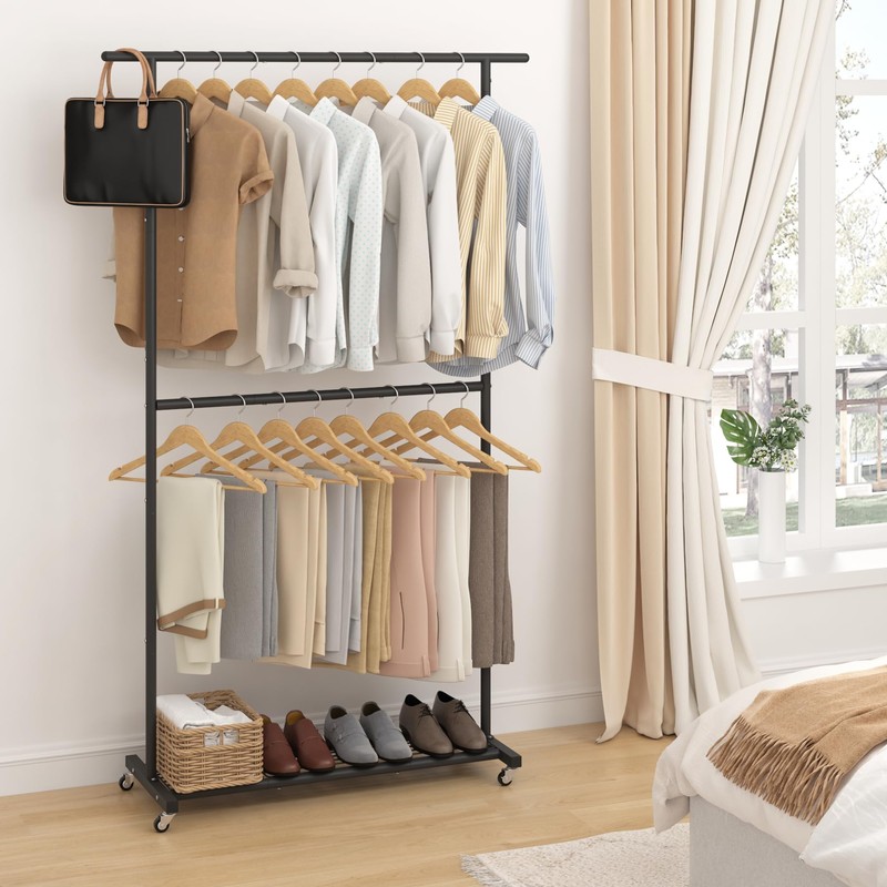 Sywhitta Double Rod Clothing Garment Rack, Rolling Coat Hanger with