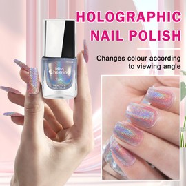 QIUFSSE Holographic Gel Nail Polish Silver Glitter Gel Nail Polish Quick Dry Chrome Reflective Sparkle Iridescent Nail Polish for Nail Art Salon (Silver)