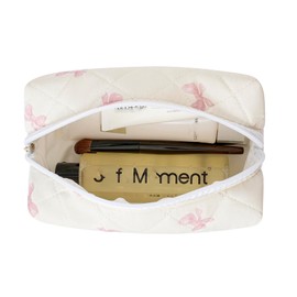 JOVAKIT Square Makeup Bag Cute Cosmetic Bag for Women, Floral Coquette Aesthetic Toiletry Bag, Zipper Make Up Pouch, Travel Make Up Organizer Bag (Pink Bow Tie)