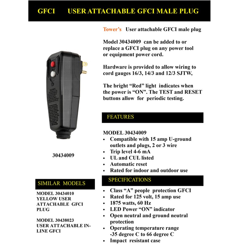 Tower Manufacturing 30434009 Auto-Reset 15 AMP Right Angle GFCI Plug,