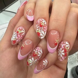 Pink French Tip Press on Nails Medium Length False Nails Almond Shaped Fake Nails Flower Stick on Nails with Strawberry Designs Glue on Nails Full Cover Reusable Acrylic Nails for Women 24Pcs