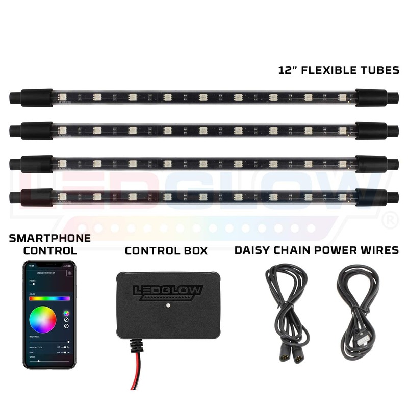 LEDGlow 4pc Bluetooth Multi-Color LED Interior Footwell Underdash Neon Lighting