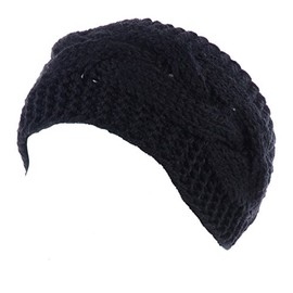 BYOS Womens Fashion Winter Cable Crochet Knit Headband With Adjustable Button (Black)