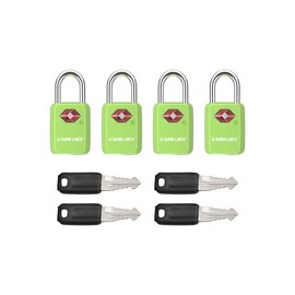 SURE LOCK TSA Approved Luggage Locks - One Key Opens All, Compact & Durable Zinc Alloy Travel Lock with Steel Shackle, Keyed Alike (Green 4 Locks, Mini Size for Suitcase/Backpack/Gym Locker)