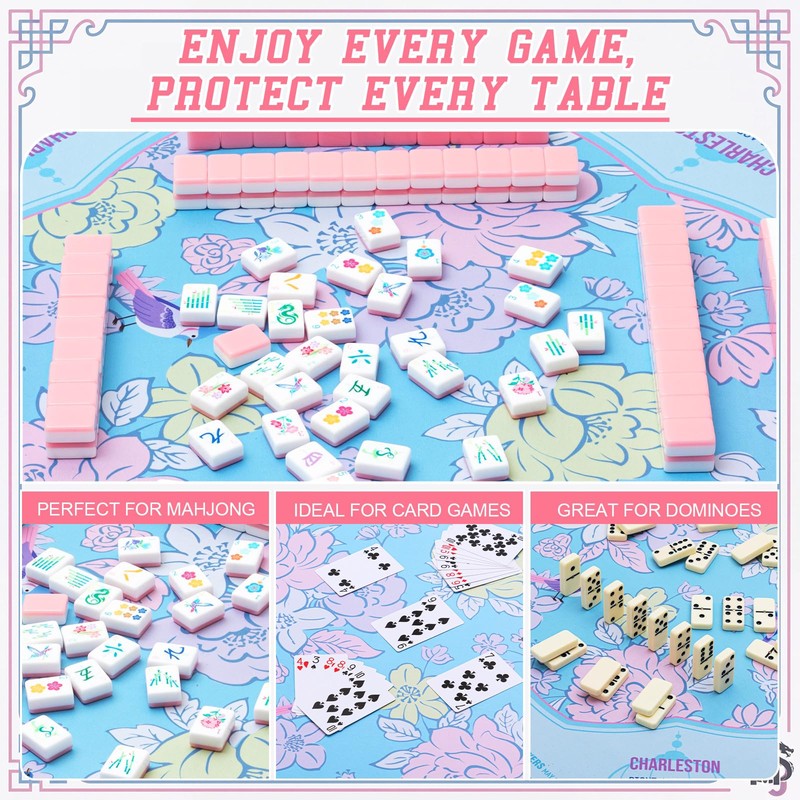 Soulchen Blue and Pink Scalloped Flower American Mahjong Mat Table