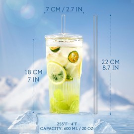 Puraville 20oz Glass Cups with Lids and Straws, 2 Pack High Borosilicate Iced Coffee Cups Drinking Glasses Tumbler for Smoothie, Water, Tea, Juice Drinks, Clear