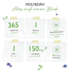 Molybdenum, 150 mcg, 365 tablets for one year, pure sodium molybdate, laboratory tested, essential trace element, high dose, vegan