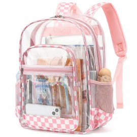Dezcrab Clear Backpack for School Girls Boys, Heavy Duty Transparent Backpack Kids See-Through Clear Bookbag (Checkered Pink)