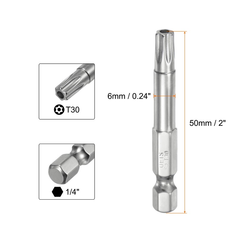 HARFINGTON T30 Security Torx Bit 1/4" Hex Shank 2" Long