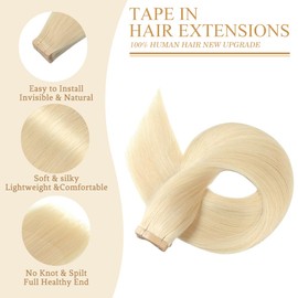 Tape in Hair Extensions Human Hair 18 Inch 20pcs Invisible Tape ins Hair Extensions Real Human Hair for Women Platinum Blonde Remy Seamless Tape Hair Extensions Skin Weft Color(60#, 18 Inch)