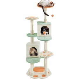 Yaheetech 65in Cat Tree, Cat Tower with Heart-Shaped Platform, Hanging Ball, Double Condos, Scratching Posts for Indoor Cats, Cat Climbing Frame Bed Furniture, Beige & Green & Orange