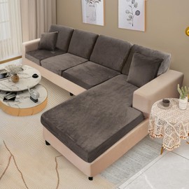 NAISI Sectional Couch Covers 8 Pieces Velvet Couch Cushion Covers L Shape Soft Stretch Sofa Slipcovers with 2pcs Pillowcases for Left/Right Chaise Sectional Couch(3 Seater+1 Chaise+4 Back,Brown)