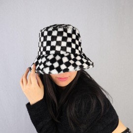 JJDreams Winter Bucket Hat, Soft Plush Floral Design, Winter Warm Fashion Hat, Trendy Accessory for Outdoor Clothing, C2.Black and white check