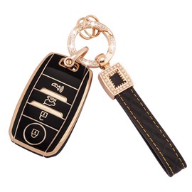 EKALA for Kia Key Fob Cover, 4 Buttons Soft TPU Key Fob Protector with Key Fob Keychain Compatible with Kia Optima Soul Sportage Sorento Forte NIRO Rio Smart Key Case Shell Black Gold (BP-Ki-4S)