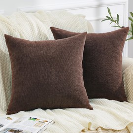 GAWAMAY Decorative Square Throw Pillow Covers 22x22 Inch Set of 2, Super Soft Chenille Pillows Farmhouse Fall Pillowcase for Living Room Bedroom Sofa Couch Cushion Cover Brown 55x55cm (No Insert)