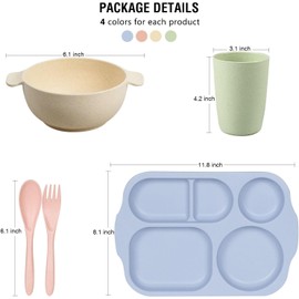 shopwithgreen Wheat Straw Dinnerware Cutlery Set, 20 PCS Kids Toddlers Divided Plates and Bowls Sets, Microwave Unbreakable Tableware Spoon Knife Cup, Dishwasher Safe for Kitchen Picnic School