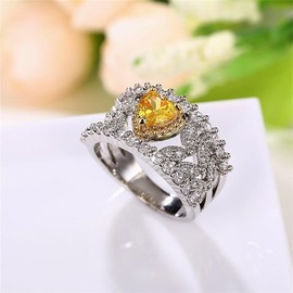 925 Sterling Silver Shiny Full Diamond Gemstone Ring 18K Gold Heart Citrine Cubic Zirconia Promise Rings CZ Diamond Multi Row Rings Eternity Engagement Wedding Party Ring for Women A.32 (US Code 7)