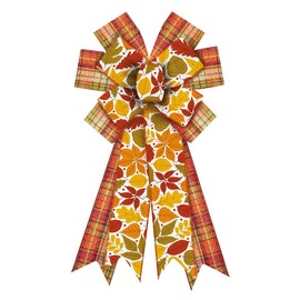 Large Fall Bow for Wreath, Burlap Orange Green Plaid Wreath Bow for Autumn Décor Fall Leaf Bow for Front Door Indoor Outdoor Wall Tree Topper Decoration Supplies Thanksgiving Ornament