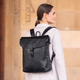 Gusti Kieran Leather Messenger Backpack with Zip and Buckle Anti-Theft for Men and Women - Black Silver Buckle