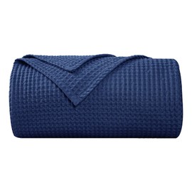 PHF 100% Cotton Waffle Blanket 130x150cm - Soft Throw Blanket for Adults and Kids-Perfect Blanket Layer for Couch Bed Sofa- Elegant Home Decoration - Single/Travel Size-Navy Blue