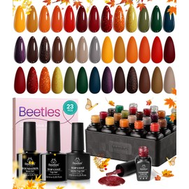 beetles Gel Polish Nail Set 20 Colors Fall Gel Nail Polish Set Orange Yellow Green Brown Red Soak Off Uv Lamp Need Base Glossy Matte Top Coat Manicure Kit Gift for Girls Women Cozy Campfire