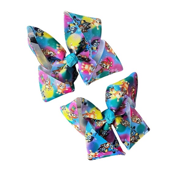 Set of 2 Blue Dog Rainbow Ribbon Hair Bows/ 2