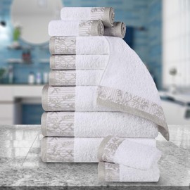 Superior 12 Piece Cotton Towel Set, Floral Jacquard Dobby Border, Quick Dry, Decorative Bathroom, Spa, Shower, Bath, Includes 3 Body, 3 Hand, 6 Face Towels/Washcloth, Wisteria Collection, White