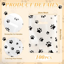 Cholemy 100 Pcs Dog Paw Plastic Bags Dog Gift Bags Shopping Merchandise Sturdy Totes with Handles for Holiday Birthday Party Business, 9 x 12 in (Black)